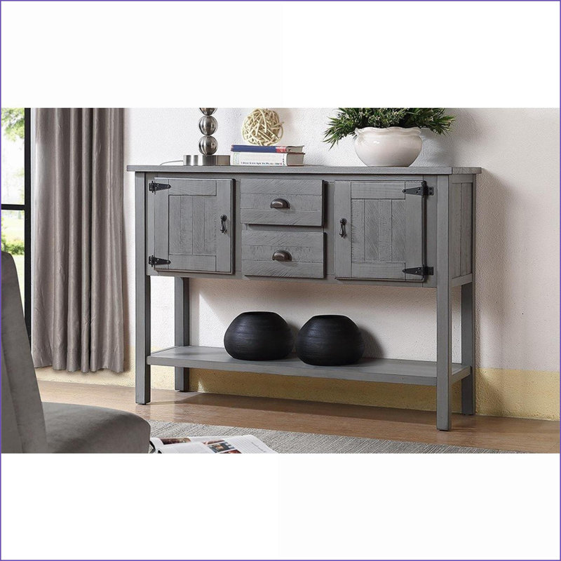 Buffet console en pin massif 48 po rétro avec 2 tiroirs / armoires / tablette inférieure, gris antique | Finition patinée | Pin