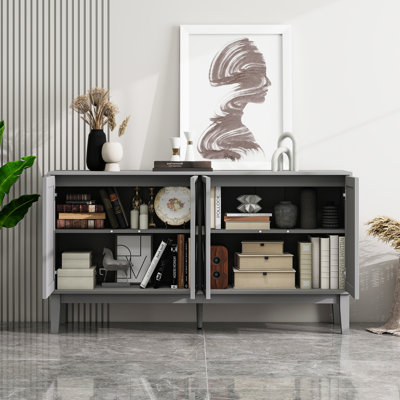 Vintage 4-Door Storage Cabinet with Hand-Carved Geometric Doors, Adjustable Shelves, and Raised Legs for Easy Cleaning