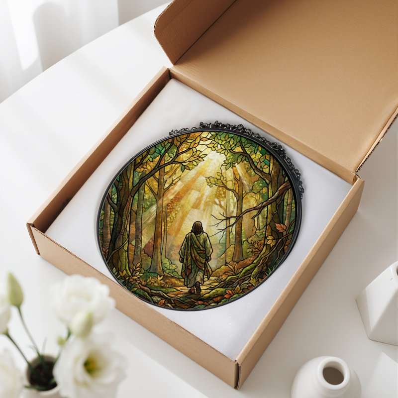 Forest Path Stained Glass Window Panel，7.8H, 7.8"H