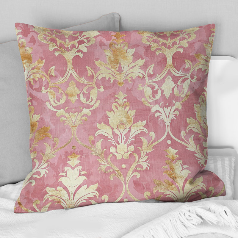 Glamour Damask - Glam Throw Pillow, 18"H x18"H, Pink/Gold