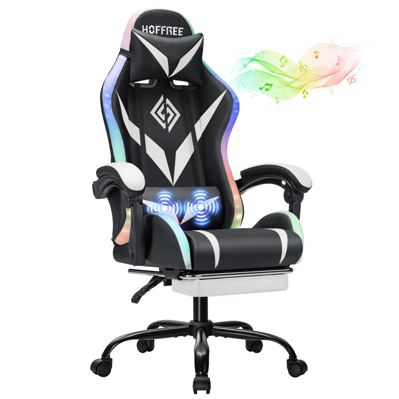 Hoffree Massage Ergonomic Gaming Chair with Bluetooth Speakers and RGB LED Lights, White/Black