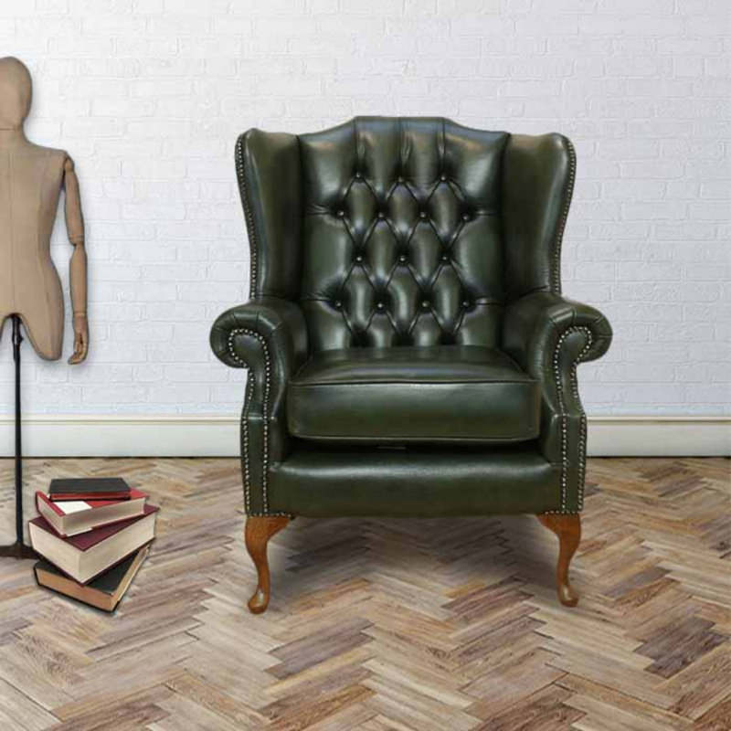 88Cm Wide Tufted Wingback Chair, Antique Green