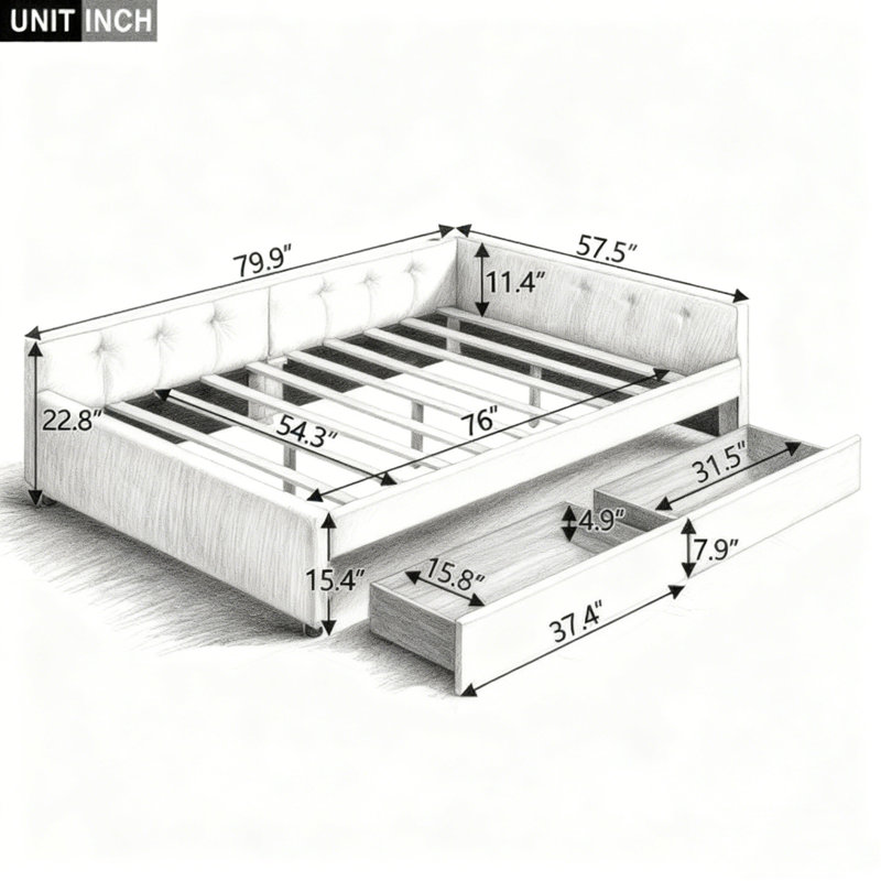 Lit avec port USB et 2 tiroirs, Complet/Double
