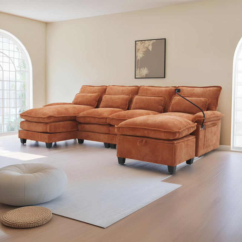106" U Shaped Sectional Sofa Set with Storage Ottoman & USB Ports, Modular Cloud Couch with Chaise Lounge & Pillows, Orange