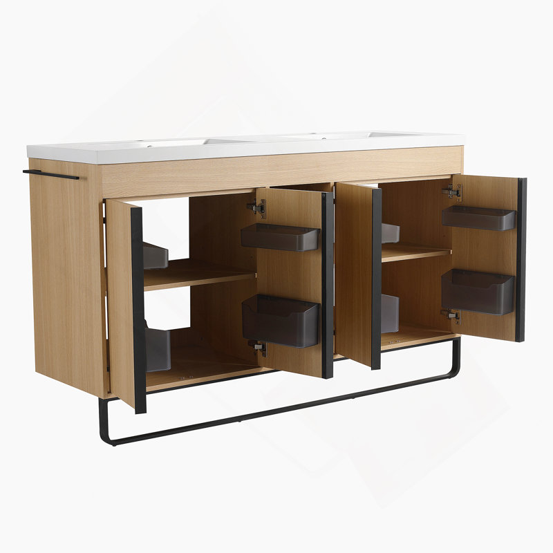 Meuble-lavabo autoportant de 60 po avec lavabo double en résine, portes à fermeture en douceur et supports de rangement ouverts, fabrication en contreplaqué