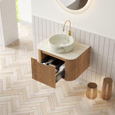 Ensemble de meuble-lavabo et de meuble-lavabo à bords arrondis courbés avec tiroir, lavabo rond en céramique avec motif en pierre et dessus en pierre frittée à motif de travertin, couleur de grain de bois naturel