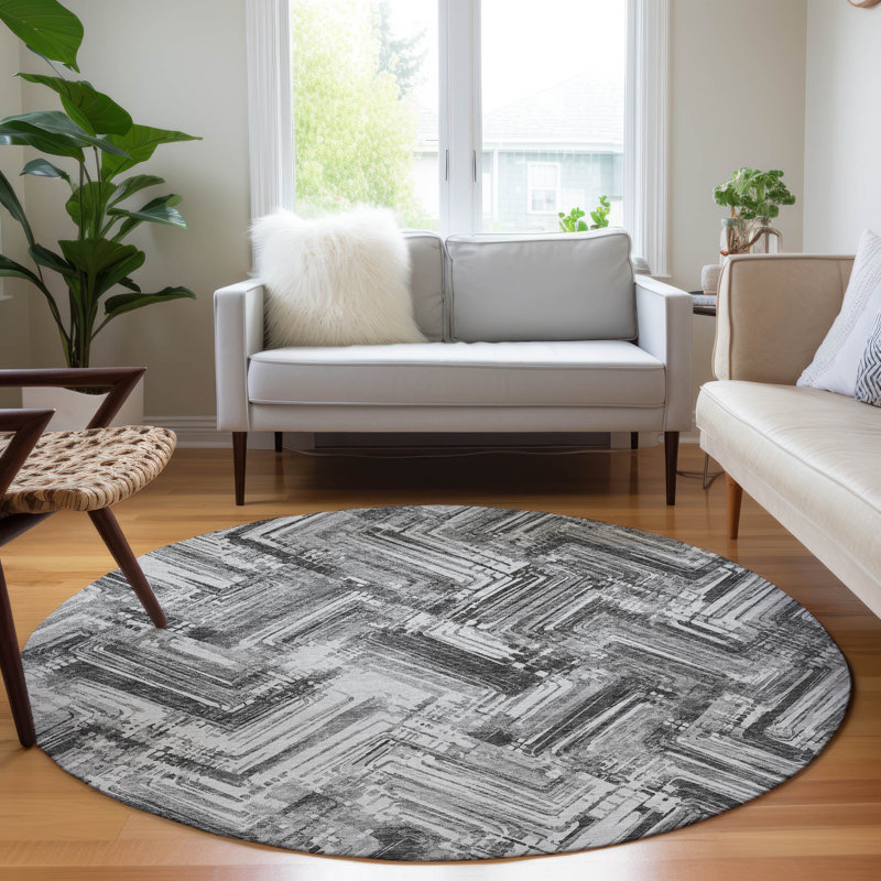 Tapis intérieur / extérieur en polyester abstrait tissé à la machine en gris, Rond 8 pi