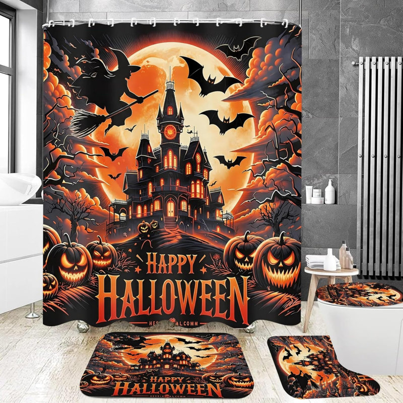Ensemble de rideau de douche et tapis de salle de bain Halloween Haunted Castle