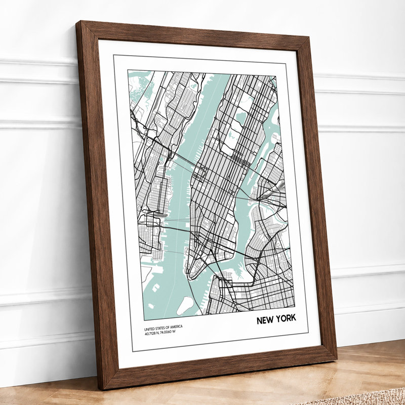 New York Street Grid Geometric 1 Piece Single Picture Frame Wall Art, A4 - 29.7 x 21.0 cm, Walnut