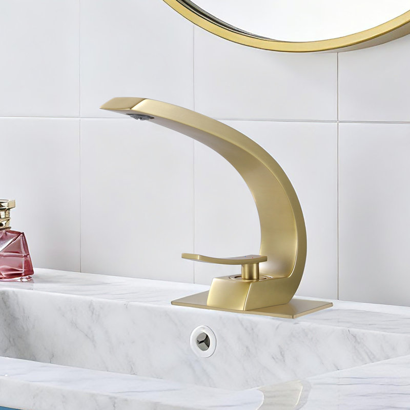 Robinet de lavabo de salle de bain monocorps et monocommande en laiton massif avec bonde, Or brossé, Drainage inclus