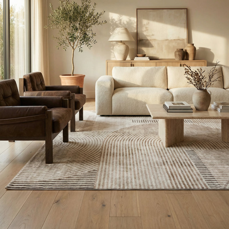 Rug Branch Elys 8' x 11' (7'7" x 10'10") Beige/Brown Geometric Area Rug, Contemporary, Medium Pile, Stain-Resistant Carpet - Living Room, Bedroom, Dining Room, and Kitchen