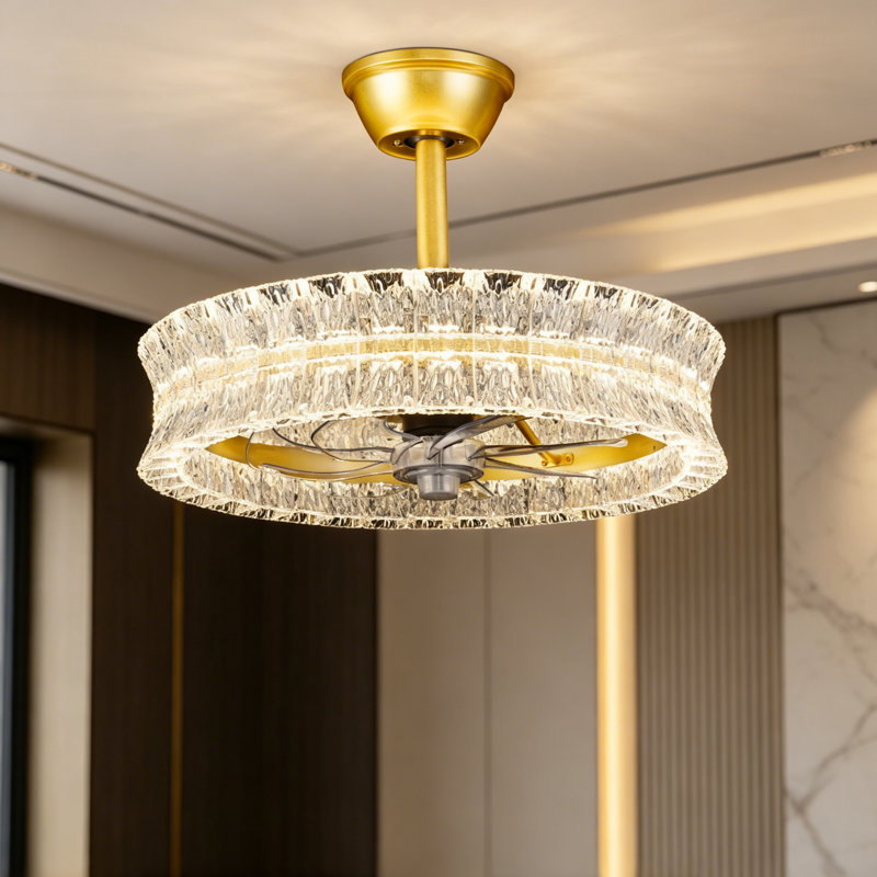 Ripple Aureate Hoop 20" Luxury Crackle Crystal Ceiling Fan Chandelier, Gold Invisible Blades Dimmable LED Fan Light with Remote for Modern Home Decor（Bulbs Included）