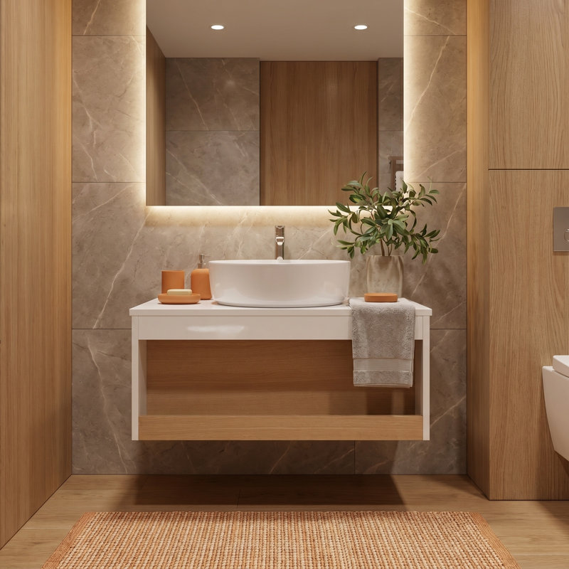 Meuble-lavabo flottant 24 po avec lavabo vasque rond blanc brillant, meuble-lavabo mural avec tablette ouverte, finition blanche avec comptoir durable, conception moderne peu encombrante