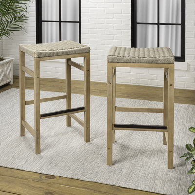 Armand 25.6" Modern Coastal Backless Acacia Wood Outdoor Counter Stool with Woven Rope Seat