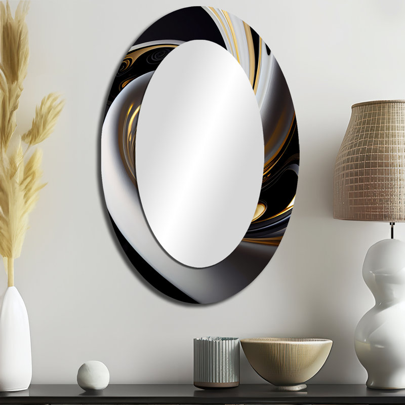 Vitrail doré noir et blanc III - Miroir décoratif abstrait ovale sur métal, 36 po x 24 po