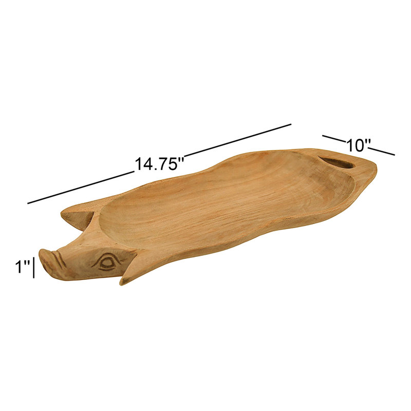 Rustic Brown Hand-Carved Wood Pig Serving Tray with Natural Wood Grain and Handle — 14.75 in. L X 6 in. W X 1 in. D