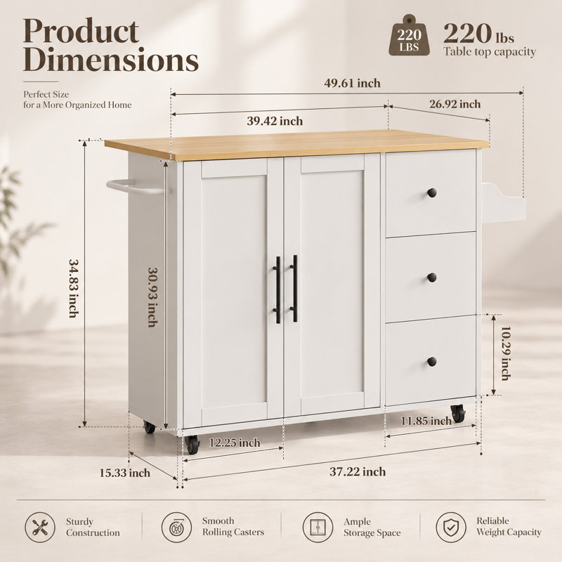 Îlot de cuisine à roulettes de 102 cm avec abattant, rangement, porte-épices et barre à serviettes, table d'îlot extensible