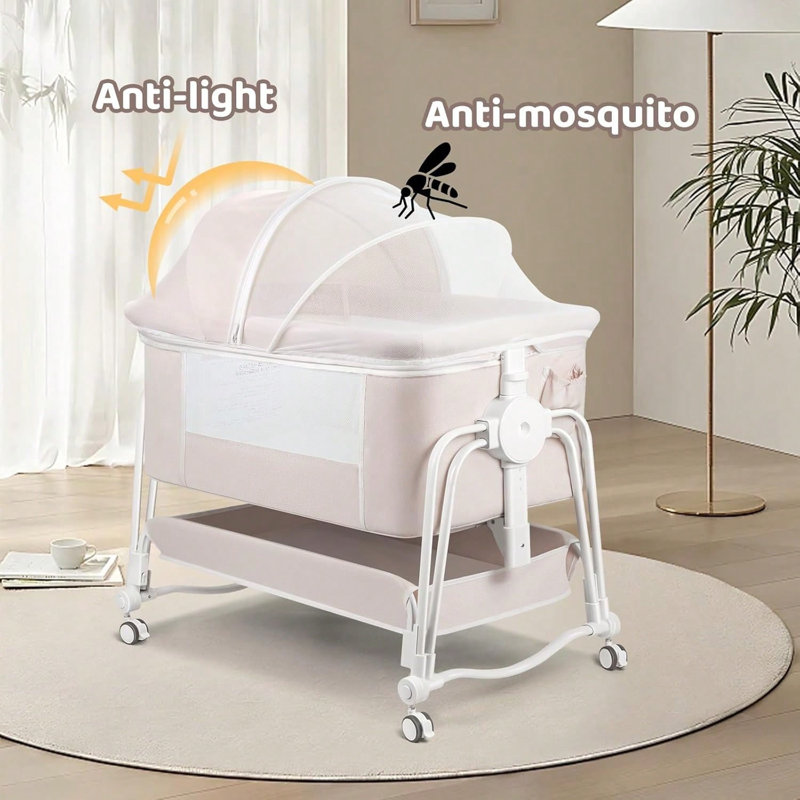 4 In 1 Baby Bassinet & Co-Sleeper,Infant Bedside Crib With Lockable Wheels, Storage, Anti-Light & Anti-Mosquito Net And Matress, 7 Level Height Adjustable, Cradle Bedside Sleeper Bassinet For Boys Girls Toddler Newborn,White