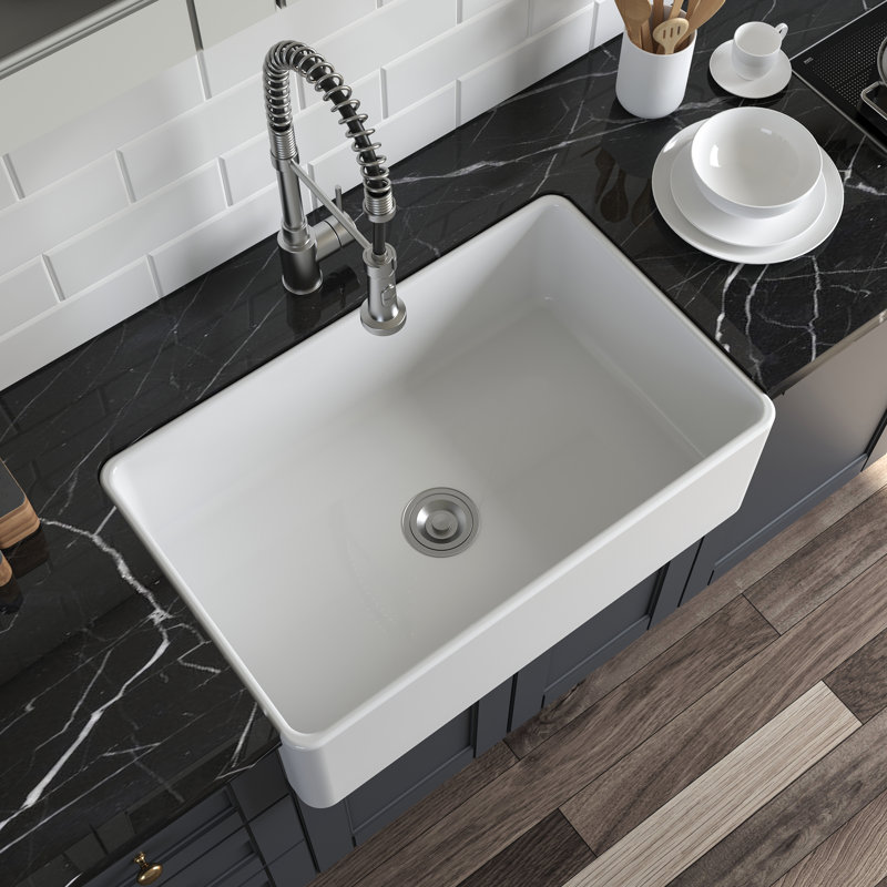 Athena 30" L x 20" W Farmhouse Kitchen Sink with Sink Grid and Basket Strainer