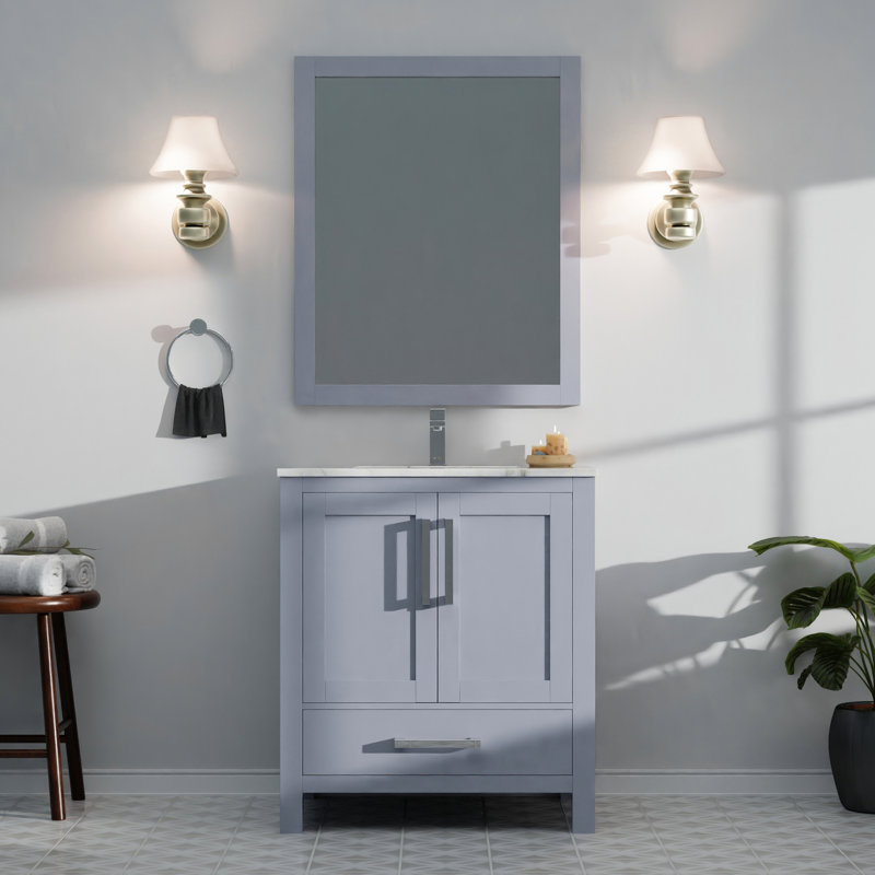 Gris foncé foncé 30 po Meuble-lavabo large avec surface en marbre, fabrication en bois massif, fermeture en douceur, une armoire intérieure, tiroir, tablette ouverte, pré-percé pour l'installation du robinet, salle de bain longue durée