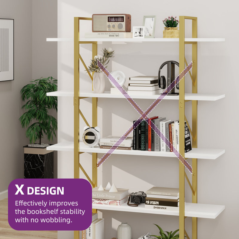 Gold and White 71"H 5-Tier Metal Frame Bookcase