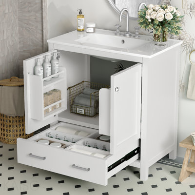 Meuble-lavabo blanc de 30 po avec lavabo simple, meuble-lavabo encastré, armoire de rangement avec 2 portes et un tiroir, fermeture en douceur, rangement multifonctionnel, structure en bois massif