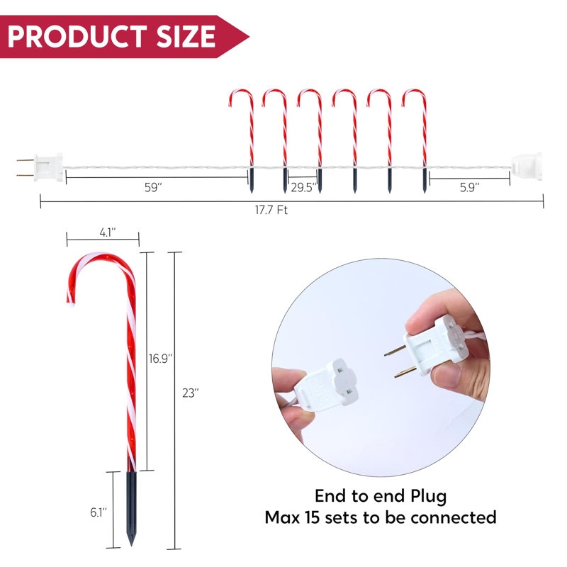 16" Christmas Candy Cane Pathway Markers Lights, 12 Warm White Lights