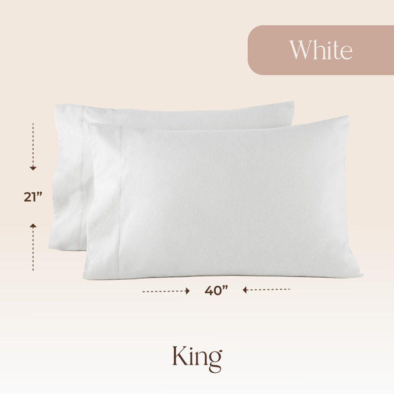 Ensemble de 2 taies d'oreiller en flanelle biologique pour très grand lit - Taie d'oreiller 100% coton biologique GOTS pour très grand lit avec finition brossée lisse de qualité supérieure et fermeture à enveloppe (blanc, très grand)