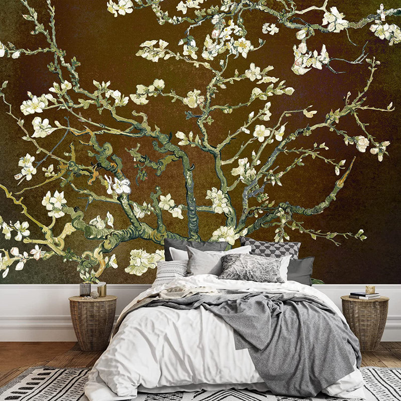 Almond Blossom Vincent Van Gogh, Floral Mural, Vintage Boho Removable Contact Paper, 144" W x 100" L, Copper/Rich Brown