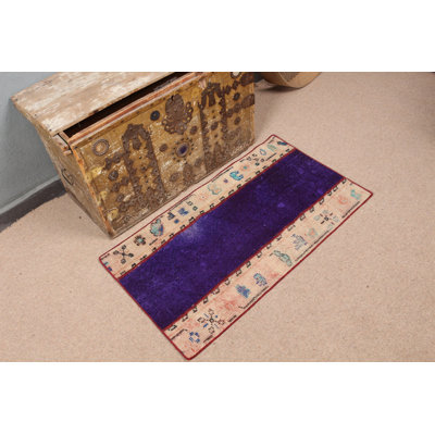 Vintage Turkish Rug With Patchwork And Purple Center Piece Handmade Wool For Small Area