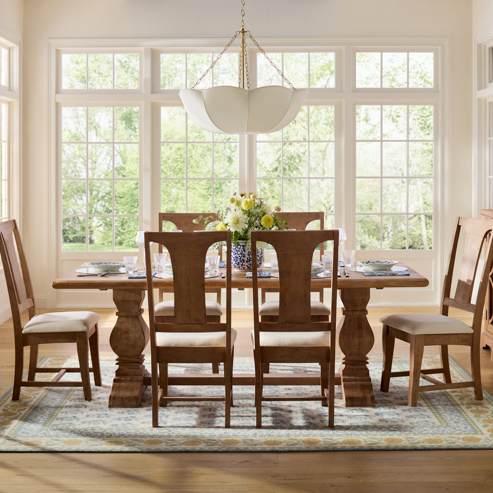 Alexa Hampton Stassi Dining Room Chandelier With White Linen Shade, 26.875" H x 32" W x 32" D, Burnished Brass, 4 Lights