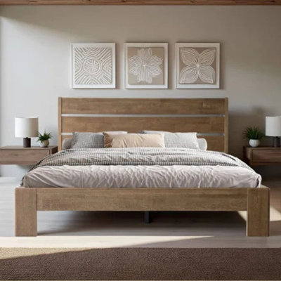 Queen Size Bed Frame with Headboard & Footboard, Solid Wood Platform Bed, Metal Legs, 12 Durable Slatted Structure, No Box Spring Needed, Anti-Slip & Noise-Free, Easy Assembly, Barnwood Finish