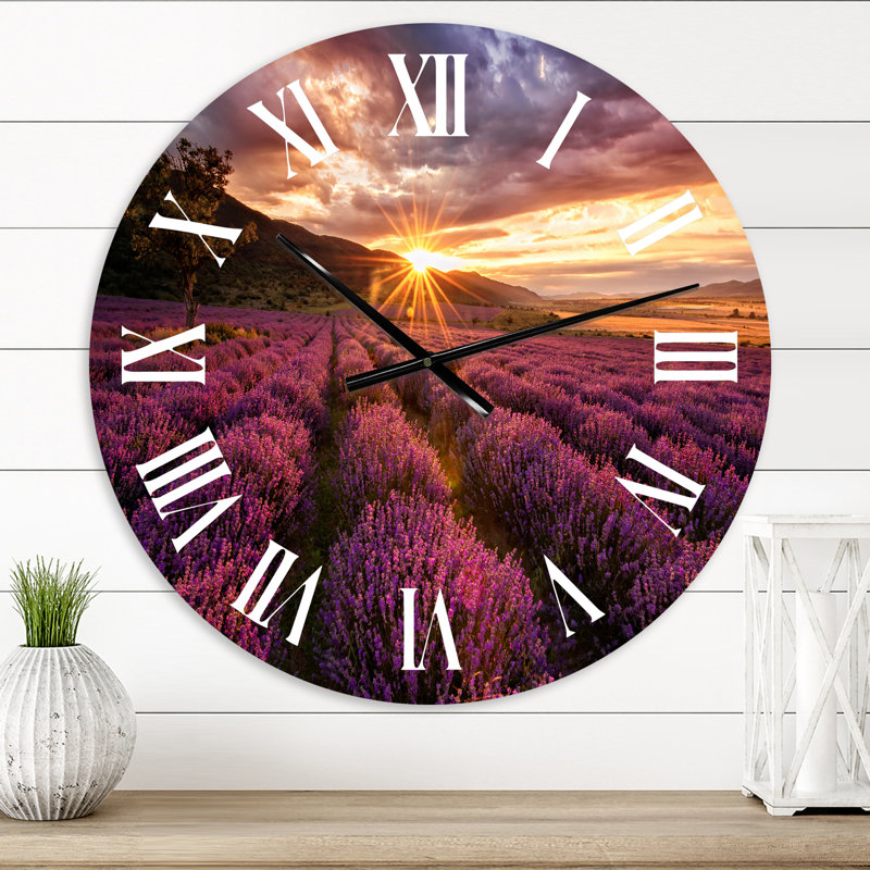 Sunrise & Dramatic Clouds Over Lavender Field IV - Horloge murale, Très petit