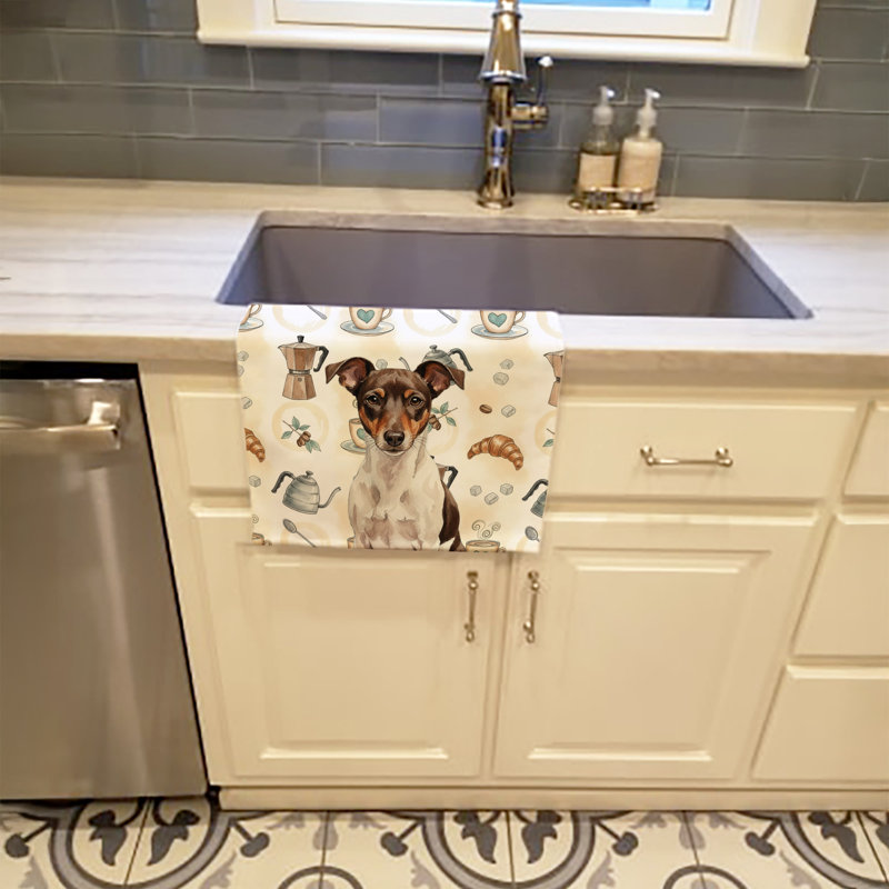 Chocolate and White Rat Terrier Coffee Bar Kitchen Towel, Chocolate and White Rat Terrier