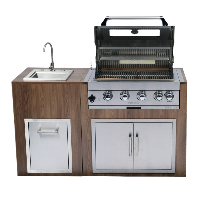 Four encastré en acier inoxydable de 32 po avec quatre brûleurs coulés en acier inoxydable de 32 po, brûleur arrière infrarouge, grilles de cuisson de 8 mm, porte double, tiroir, évier, lumières halogènes, plateau à graisse, poubelle, tiroir amovible