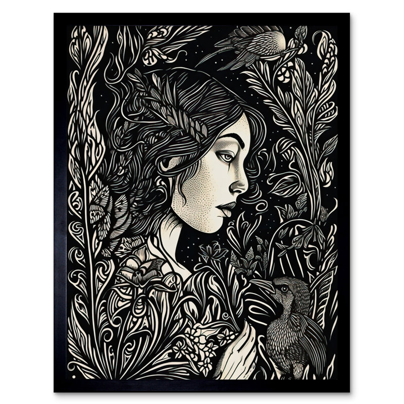 Geigle Woman With Crow In A Field Black And White Linocut - Single Picture Frame Print