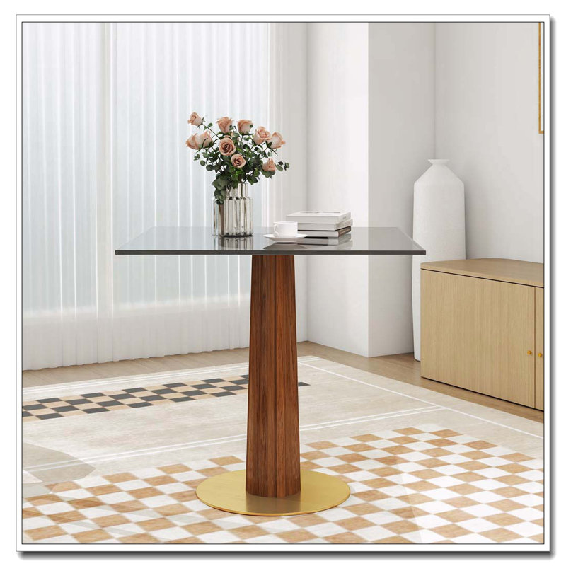 Table de salle à manger moderne carrée, table en verre trempé de 33,5 po avec pieds en bois et base dorée, table de cuisine pour 2 personnes pour petit espace, capacité de poids de 150 lb (seulement la table de Négociation)