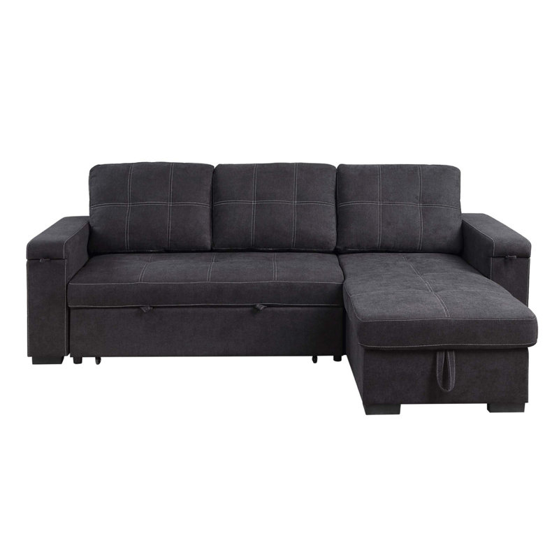 Toby 95"W Black Woven Fabric Reversible Sleeper Sectional Sofa With Storage Chaise Cup Holder Charging Ports And Pockets