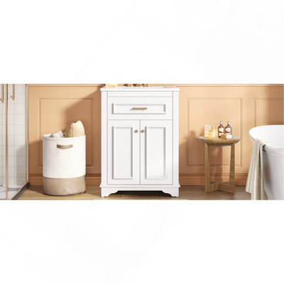 Meuble-lavabo 24 po avec lavabo en céramique intégré, armoire de salle de bain avec 2 portes, 1 tiroir basculant, meuble-lavabo simple pour petite et moyenne salle de bain, blanc