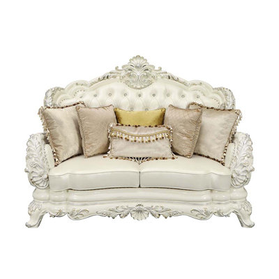 Adara 70" Loveseat w/5 Pillows, Pearl White Faux Leather