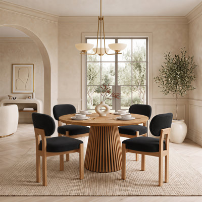 Ensemble de salle à manger rond de 119 cm (47 po) avec des chaises rembourrées en bois massif et une table à pied centrale à lattes
