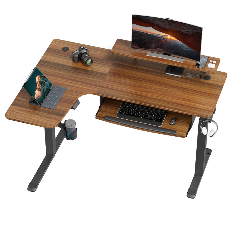 Marquasha Dual Motor L-Shaped Electric Standing Desk with LED and Monitor Stand, Left Hand Return, Walnut/Black
