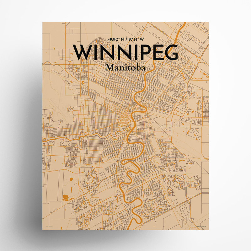 Winnipeg, carte de la ville, impression rétro, H 20 po x l 16 po