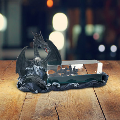 Figurine dragon noir 10,5 "gardant un bateau en bouteille