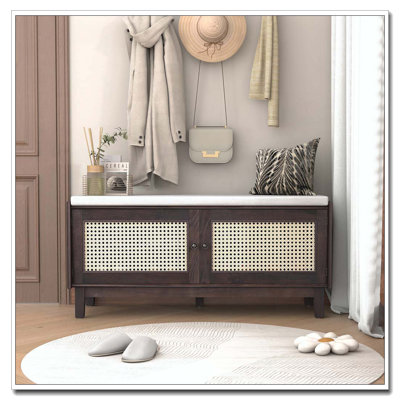 Banc d'entrée avec rangement, banc à chaussures rembourré avec portes doubles