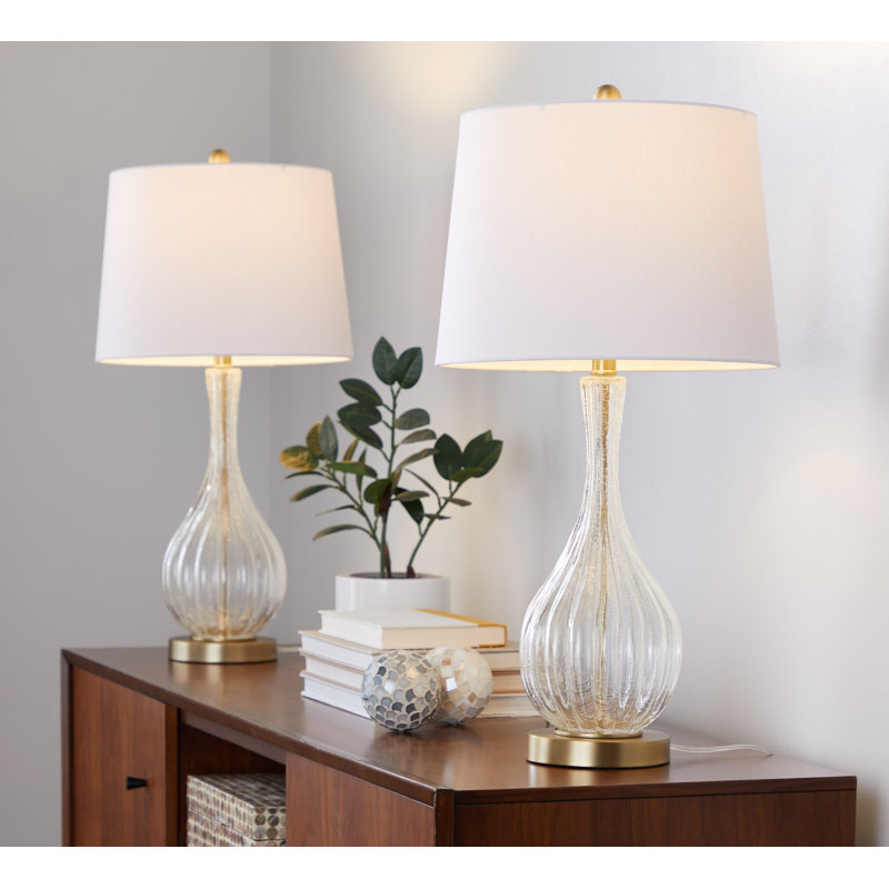 Ensemble de lampes de table en verre craquelé 27 po Rami, Doré, H 27,25 po x l 14 po x P 14 po, Blanc cassé / blanc