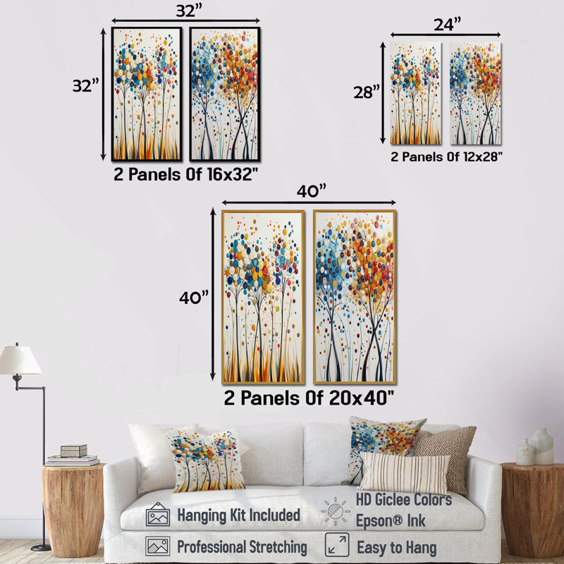 Ensemble de 4 pièces d'art mural orange et bleu 4 saisons Reflections I - abstrait Mid-Century, Cadre flottant doré