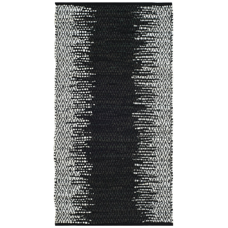 Phillis Vintage Leather Hand Woven Leather/Cotton Geometric Rug in Light Gray/Black, Runner 2'3" x 6'