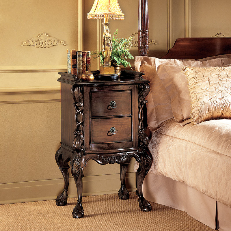 Elegant Mahogany Solid Wood 2-Drawer Bedside Table with Brass Handles