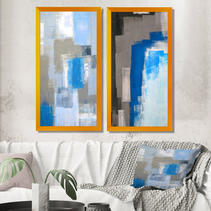 «Blue Meets Gray Abstract Art IV», ensemble de 2 peintures sur toiles, H 20 po x l 24 po x P 1 po, Cadre photo doré